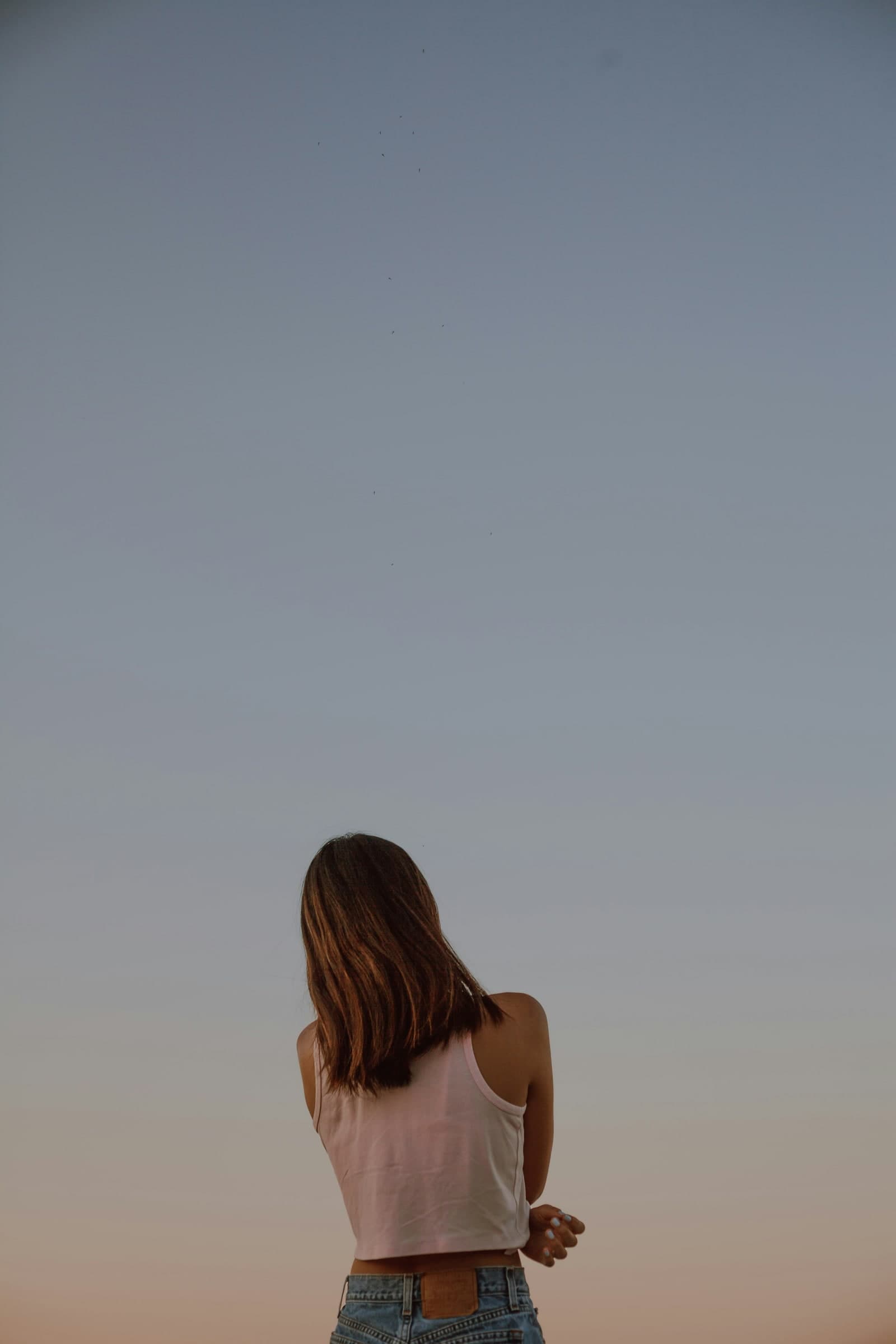 Woman from behind looking up at an open sky at dusk